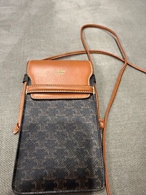 Celine Brown Triomphe Canvas and Tan Leather Phone Pouch